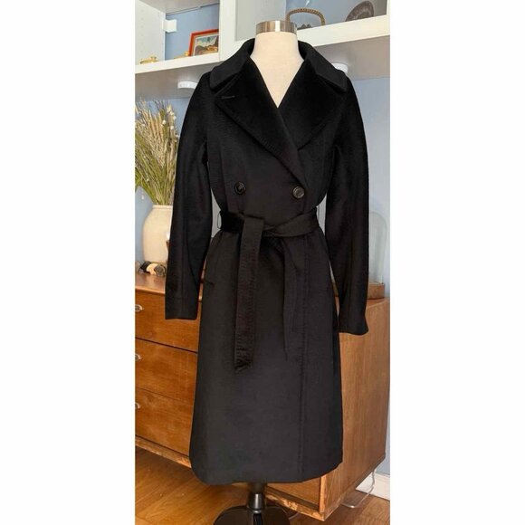 WEEKEND MAX MARA Black Resina Coat Brushed Virgin Wool Belted Size 2